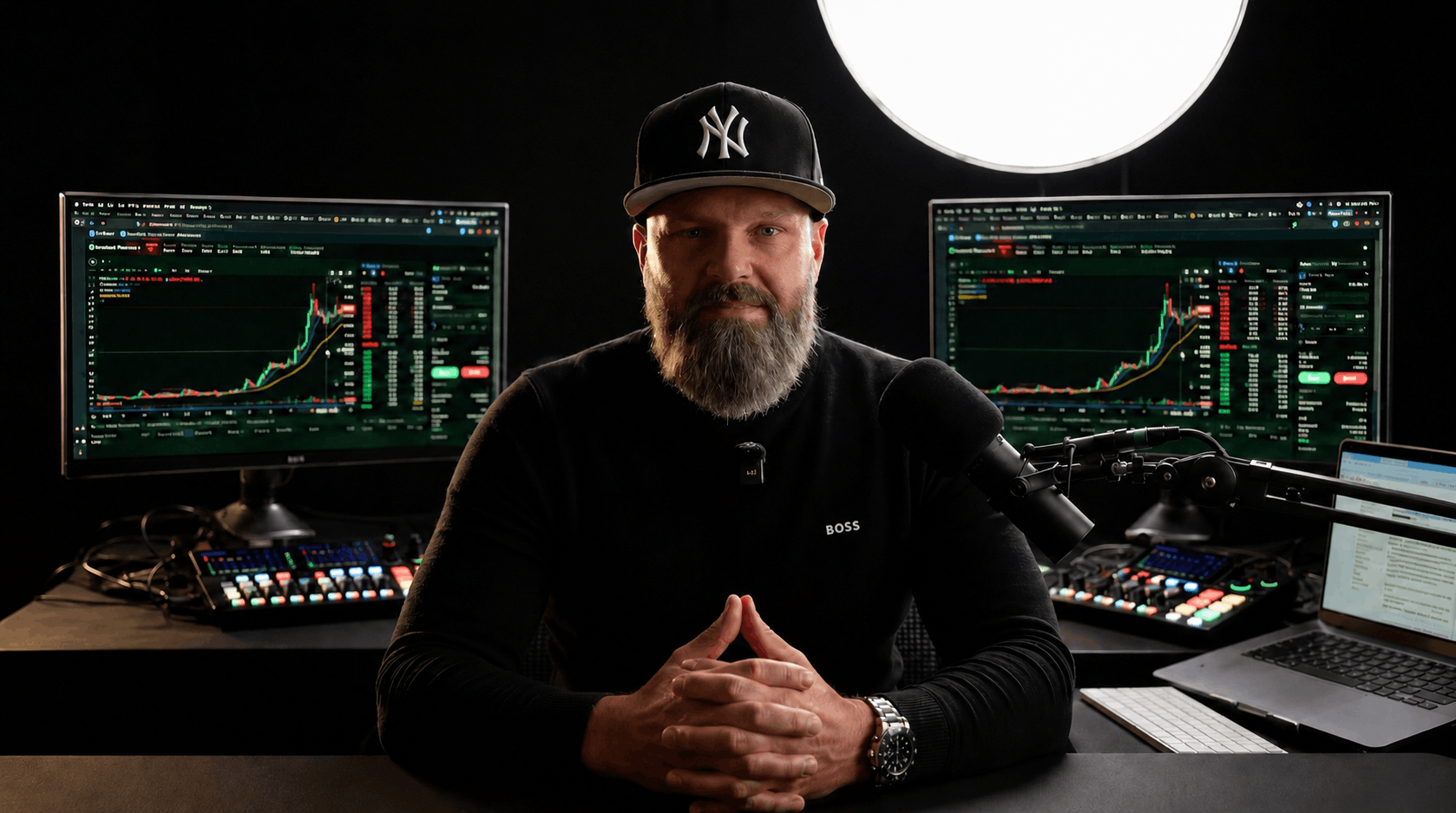 Dave at his trading desk with multiple monitors showing crypto charts